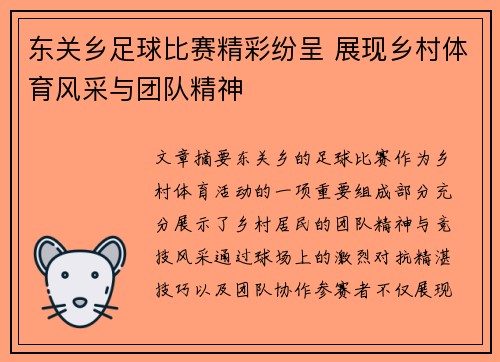 东关乡足球比赛精彩纷呈 展现乡村体育风采与团队精神