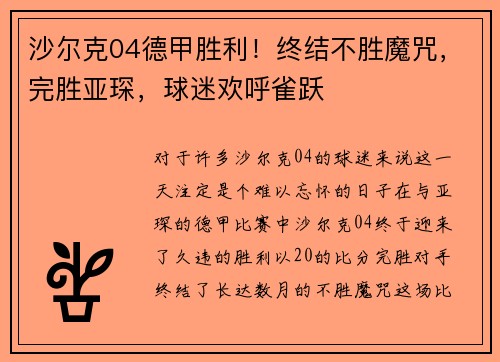 沙尔克04德甲胜利！终结不胜魔咒，完胜亚琛，球迷欢呼雀跃