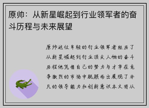 原帅：从新星崛起到行业领军者的奋斗历程与未来展望