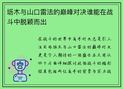 坜木与山口雷法的巅峰对决谁能在战斗中脱颖而出
