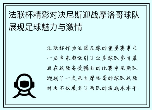法联杯精彩对决尼斯迎战摩洛哥球队展现足球魅力与激情