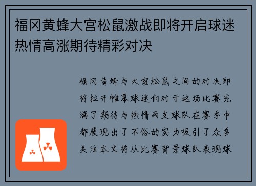 福冈黄蜂大宫松鼠激战即将开启球迷热情高涨期待精彩对决