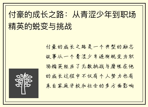 付豪的成长之路：从青涩少年到职场精英的蜕变与挑战