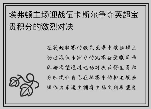 埃弗顿主场迎战伍卡斯尔争夺英超宝贵积分的激烈对决