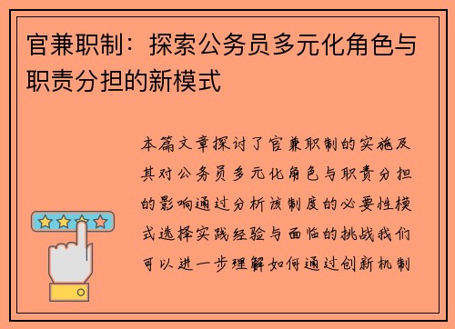 官兼职制：探索公务员多元化角色与职责分担的新模式
