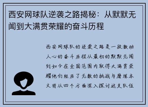 西安网球队逆袭之路揭秘：从默默无闻到大满贯荣耀的奋斗历程
