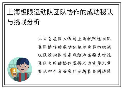 上海极限运动队团队协作的成功秘诀与挑战分析