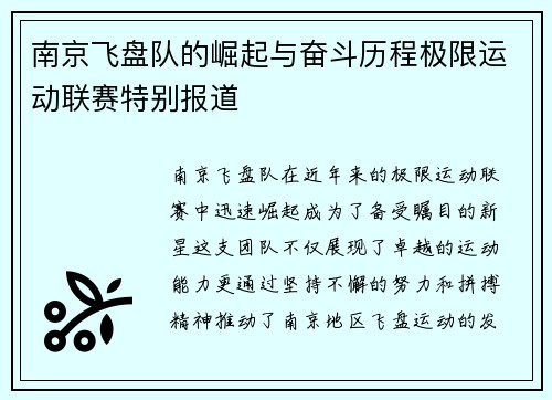 南京飞盘队的崛起与奋斗历程极限运动联赛特别报道
