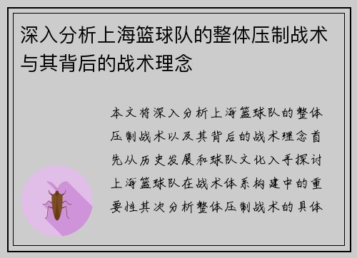 深入分析上海篮球队的整体压制战术与其背后的战术理念